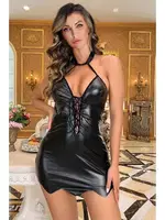 Özel Tasarım Fantezi Deri Mini Elbise Phevos 011-008035 Siyah