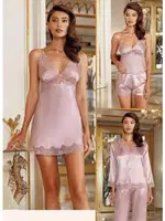 Perin 8050 Çeyizlik 6'lı Saten Gecelik Sabahlık Takım Pudra detay görünüm