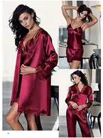 Perin 8050 Çeyizlik 6'lı Saten Gecelik Sabahlık Takım Bordo görsel 6