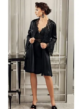 Perin Perin Kadın 6 Parça Saten Güpürlü Siyah Gelin Çeyiz Seti 9200