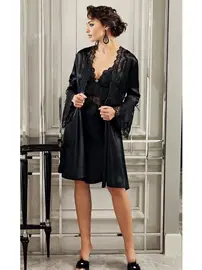 Perin Perin Kadın 6 Parça Saten Güpürlü Siyah Gelin Çeyiz Seti 9200