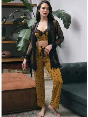 Anıl Tül Dantelli Sabahlık Balenli Destekli Dolgulu Puantiyeli Büstiyer Sütyen ve Pantolon Pijama 3'lü Takım Anıl 5667 - Alternatif Görünüm