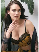 Tül Dantelli Sabahlık Balenli Destekli Dolgulu Puantiyeli Büstiyer Sütyen ve Pantolon Pijama 3'lü Takım Anıl 5667 Hardal farklı açı