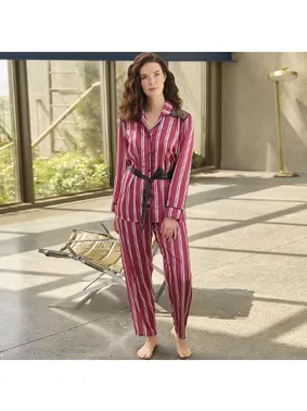 Anıl Kuşaklı Saten Uzun Kol Gömlek Pantolon Takım Anıl 9765 - Alternatif Görünüm