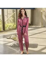 Kuşaklı Saten Uzun Kol Gömlek Pantolon Takım Anıl 9765 Bordo detay görünüm