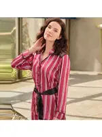 Kuşaklı Saten Uzun Kol Gömlek Pantolon Takım Anıl 9765 Bordo farklı açı