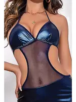 Sırt Dekolteli Deri Lacivert Fantezi Mini Elbise Phevos 011-008020 Lacivert farklı açı