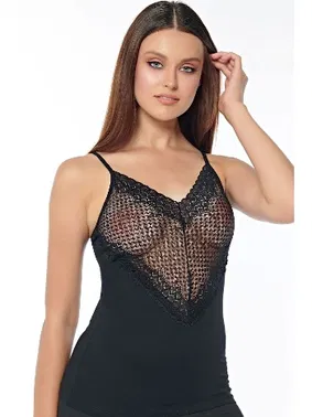 Kolcu Siyah Kalp Desen Dantel İşlemeli Askılı Kadın Atlet KB2571