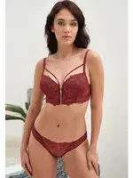 Balenli Destekli Dolgulu Yaka Detaylı Fermuarlı Dantelli Büstiyer Sütyen ve Slip Takım Anıl 4816 Bordo