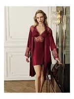 Tül Dantel Detaylı Kısa Saten Gecelik Sabahlık 2Li Çeyiz Seti Perin 4018 Bordo farklı açı