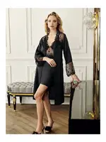 Tül Dantel Detaylı Kısa Saten Gecelik Sabahlık 2Li Çeyiz Seti Perin 4018 Siyah görsel 5