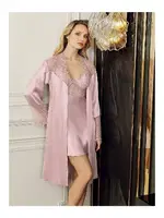 Tül Dantel Detaylı Kısa Saten Gecelik Sabahlık 2Li Çeyiz Seti Perin 4018 Pudra görsel 7