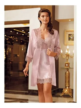 Perin Uzun Saten Gecelik Sabahlık 2Li Çeyiz Takım Perin 4009