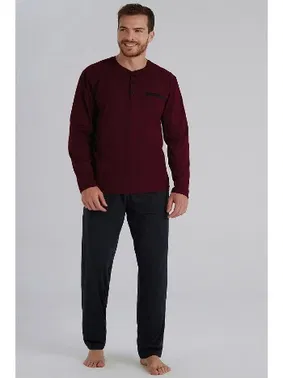 Eros Yakası Düğmeli Uzun Kollu Erkek Bordo Pijama Takım Eros ESE960