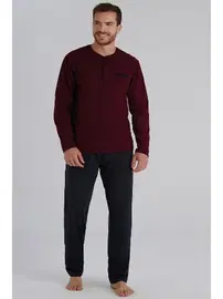 Eros Yakası Düğmeli Uzun Kollu Erkek Bordo Pijama Takım Eros ESE960