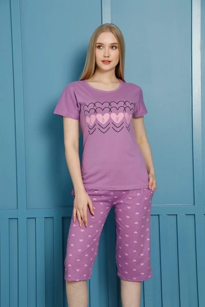 Lila Love Baskılı Penye Kısa Kol Kapri Pijama Takım 3558