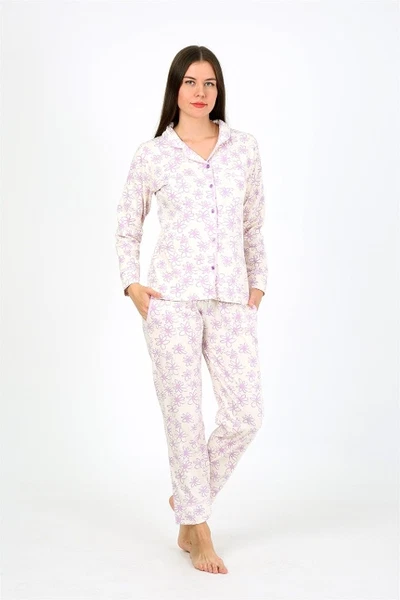 Çiçekli Gömlek Yaka Penye Uzun Kollu Kadın Pijama Takım Akbeniz 2776