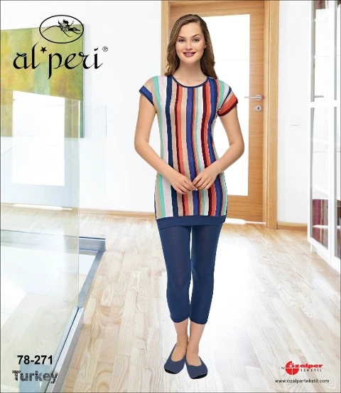 Çizgili Çok Renkli Kadın Kısa Kol Pijama Takım Alperi 78-271