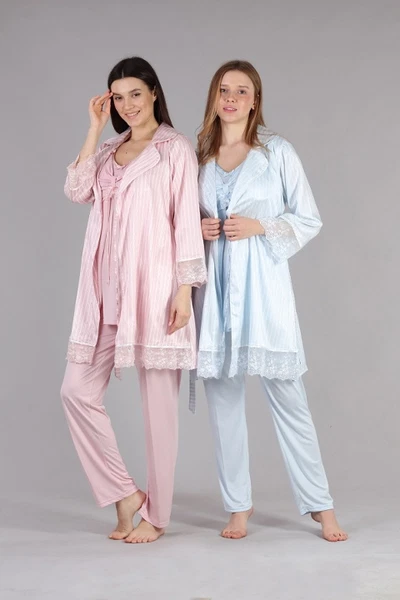 Bone Çizgi Geçişli Dantel Sabahlıklı Lohusa Pijama Takımı 5401