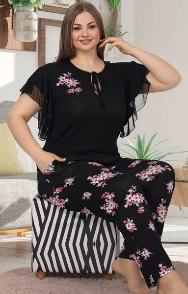 Büyük Beden Siyah Battal Pijama Takım Lady 10852