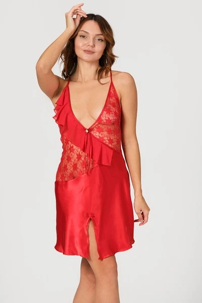 Dantelli Kısa Saten Gecelik Kırmızı NBB 3146