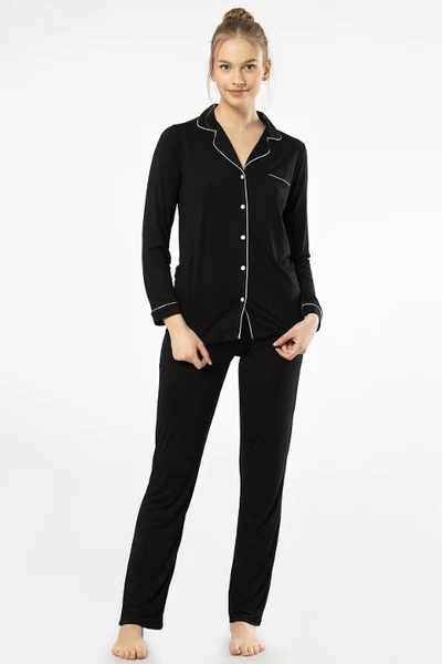 Önden Düğmeli Gömlek Yaka Uzun Kollu Kadın Pijama Takım Türen 3365