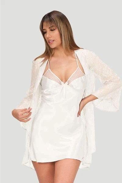 Ekru Dantel Sabahlıklı 2Li Kısa Saten Gecelik Takımı NBB 3150