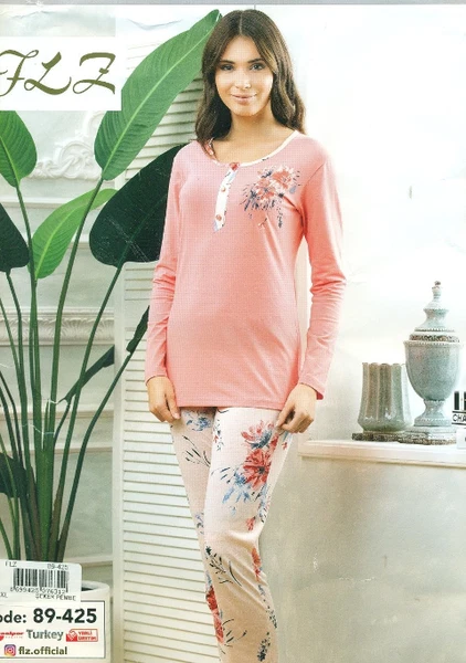 Çiçek Baskılı Uzun Kol Bayan Pijama Takımı Flz 89-425