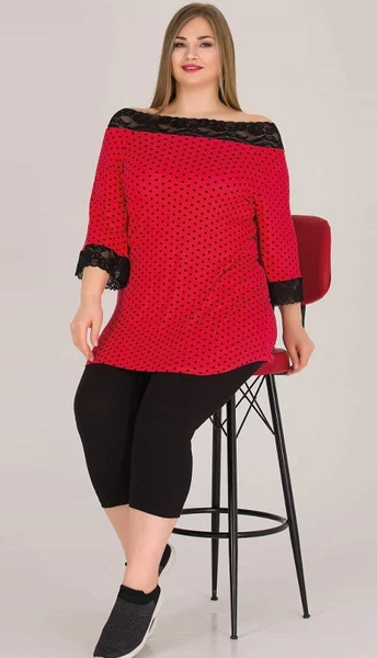 Kırmızı Puantiyeli Kapri Büyük Beden Pijama Takım Lady 10572