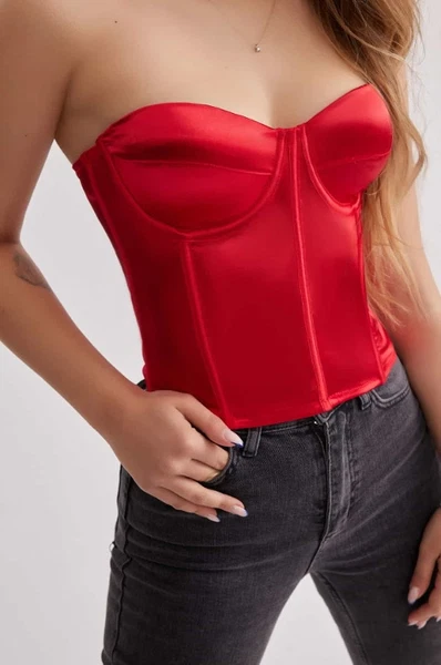 Kırmızı Saten Lycralı Crop Balenli Push Up Straplez Kadın Büstiyer Meriluu BT0018