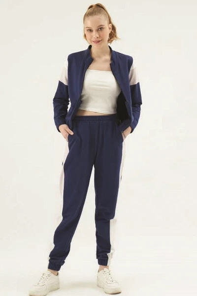 Mavi Cepli Fermuarlı Dik Yaka 3Lü Kadın Eşofman Takım Eros 30850