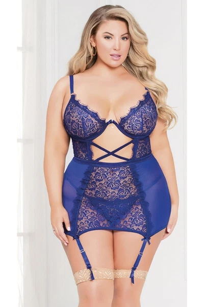 Mavi Dantel Detaylı Fantezi Büyük Beden Jartiyer Takım For Dreams 8312