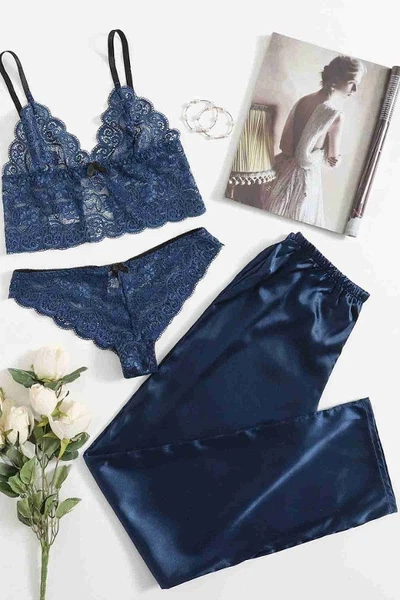 Dantel Sütyen Külot Saten Pijama Alt 3 lü Takım MS4062-Lacivert