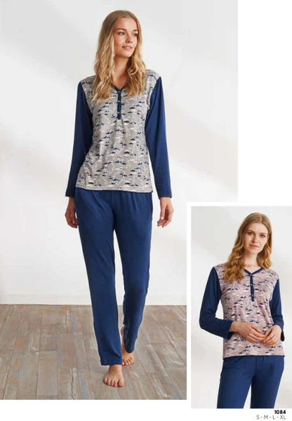 Yakası Düğmeli Uzun Kollu Bayan Pijama Takım Pijadore 1084
