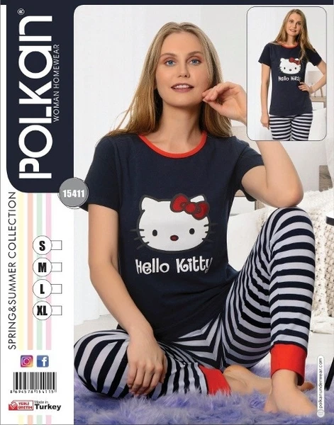 Hello Kitty Çizgili Kısa Kollu Bayan Pijama Takımı Polkan 15411