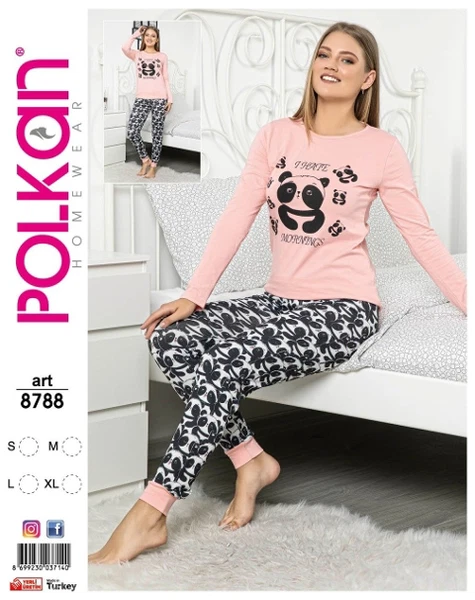 Uzun Kollu Pandalı Kadın Pijama Takımı Polkan 8788