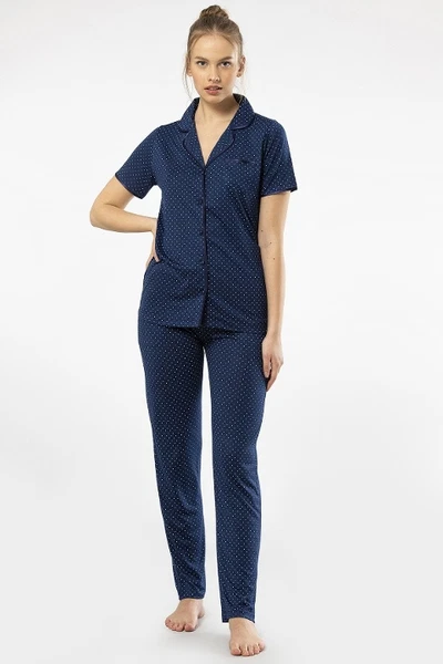  Kısa Kollu Puantiyeli Gömlek Yaka Kadın Pijama Takımı Türen 3291