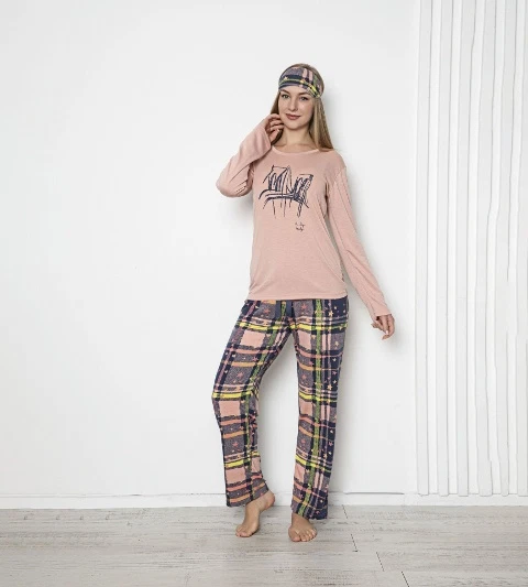 Uzun Kollu Ekoseli Kadın Pijama Takımı Tekten 680