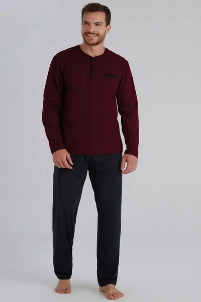 Yakası Düğmeli Uzun Kollu Erkek Bordo Pijama Takım Eros ESE960