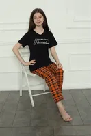 Ekoseli Kısa Kollu Anne Kız Aile Penye Pijama Takım Akbeniz 50118 Siyah Kadın görsel 6