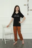 Ekoseli Kısa Kollu Anne Kız Aile Penye Pijama Takım Akbeniz 50118 Siyah Kadın görsel 7
