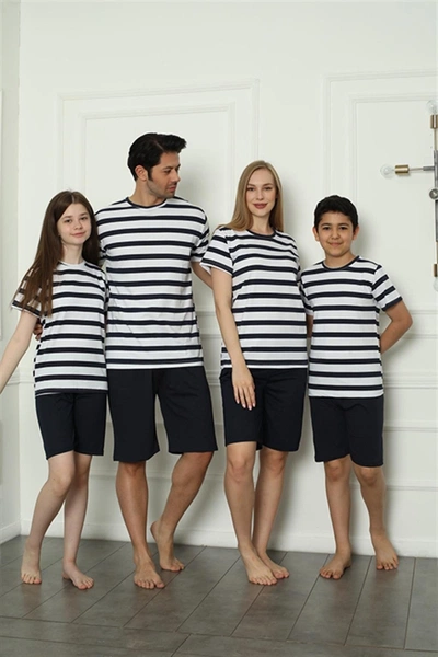 Penye Şortlu Anne Kız Çizgili Aile Pijama Takım Akbeniz 50116