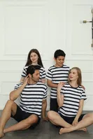 Penye Şortlu Anne Kız Çizgili Aile Pijama Takım Akbeniz 50116 Lacivert Kadın detay görünüm