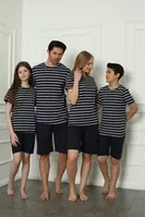 Anne Kız Çizgili Aile Penye Şortlu Pijama Takım Akbeniz 50117 Lacivert Kadın
