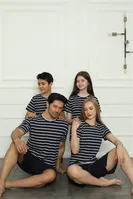 Anne Kız Çizgili Aile Penye Şortlu Pijama Takım Akbeniz 50117 Lacivert Kadın detay görünüm