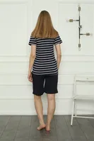 Anne Kız Çizgili Aile Penye Şortlu Pijama Takım Akbeniz 50117 Lacivert Kadın görsel 5