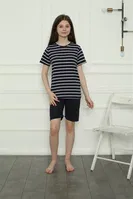 Anne Kız Çizgili Aile Penye Şortlu Pijama Takım Akbeniz 50117 Lacivert Kadın görsel 6