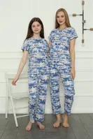 Penye Cepli Kısa Kollu Anne Kız Aile Pijama Takım Akbeniz 50104 Mavi