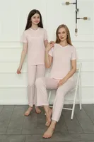 Anne Kız Pembe V Yaka Aile Penye Pijama Takım Akbeniz 50107 Pembe detay görünüm