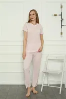Anne Kız Pembe V Yaka Aile Penye Pijama Takım Akbeniz 50107 Pembe farklı açı